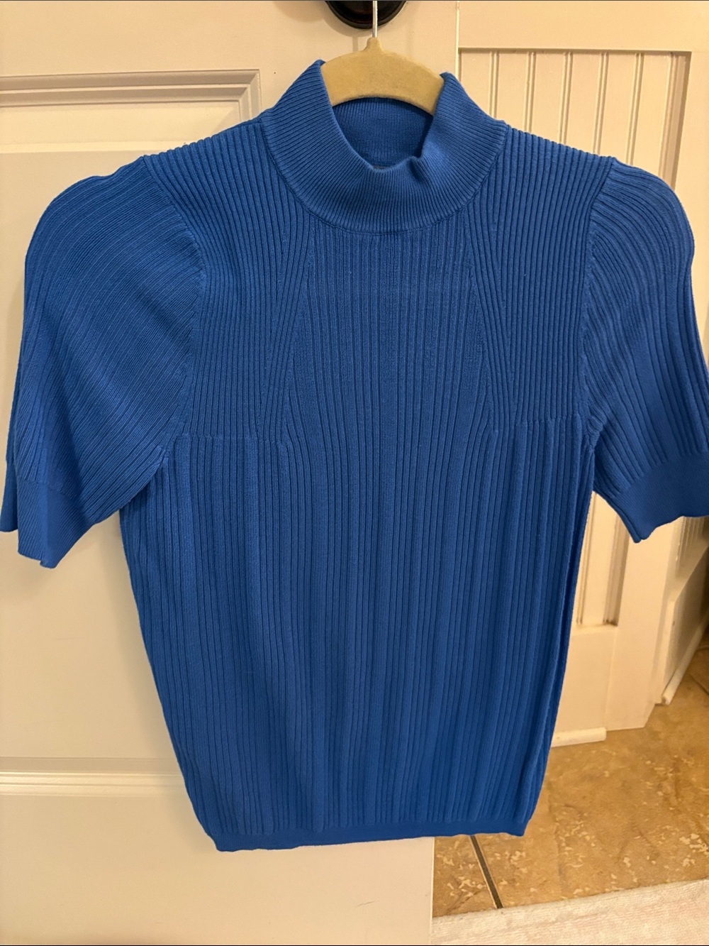 Marled Royal Blue Ribbed Short-Sleeve Mock Neck Top